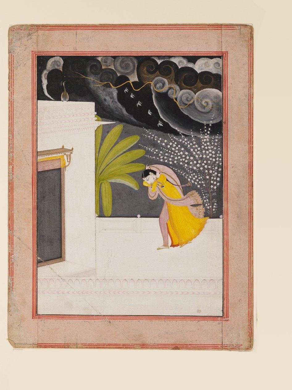 Dame på en terrasse som søker ly fra regnet, tidlig på 1800-tallet (gouache med gull på papir) av Indian School