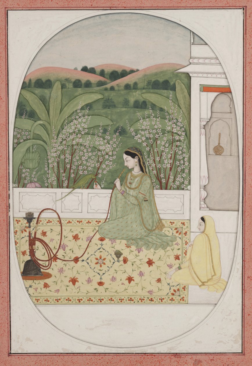 Dame på terrasse med vannpipe, ca. 1770 (gouache og gull på papir) av Indian School