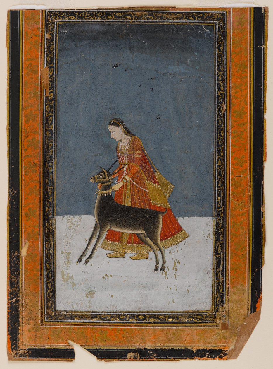 Dame med svart bukk, ca. 1750 (wc & gull på papir) av Indian School