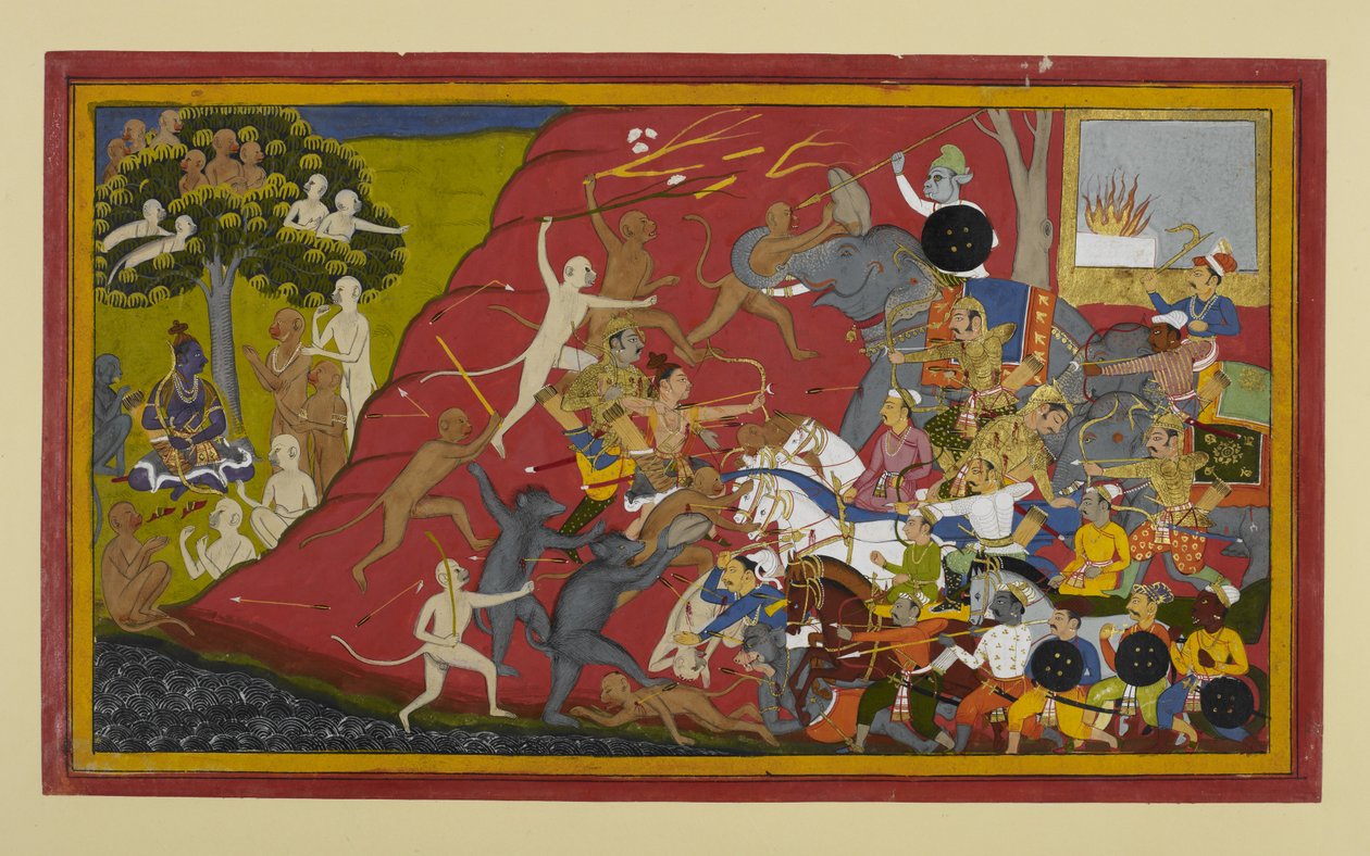 Lakshmana, Hanumān og Vibhīṣaṇa angriper Indrajit; nyheter når Rama av Indian School