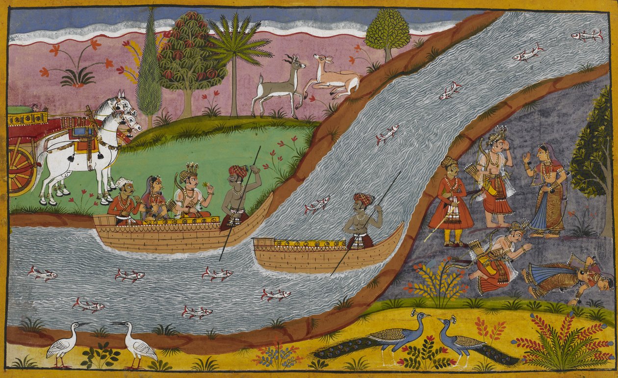 Lakṣmaṇa ber Sītās tilgivelse mens hun besvimer mens hun krysser Ganges av Indian School