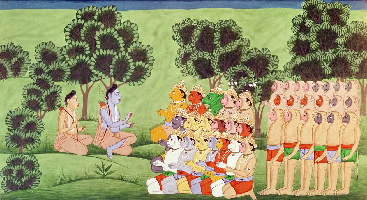 Lakshmana Consulting the Heads of the Monkey Armies, fra Ramayana av Indian School