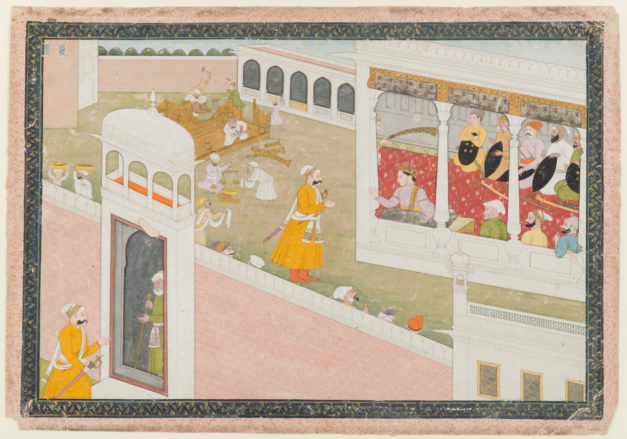 Blad fra a Dispersed Hamir Hath Series, 1800-1810 (ugjennomsiktig wc og gull på papir) av Indian School