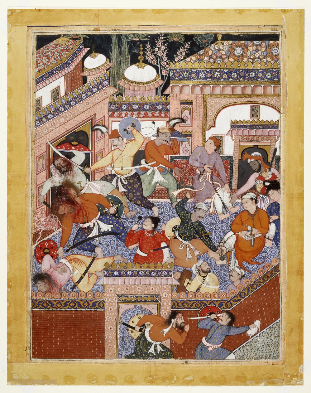 Ledet av Songhur Balkhi og Lulu spionen, skar Ayyarene strupen på fengselsvaktene og Free Said Farrukh-Nizhad, 1557 - 1572 (ugjennomsiktig akvarell og gull på bomullstøy) av Indian School