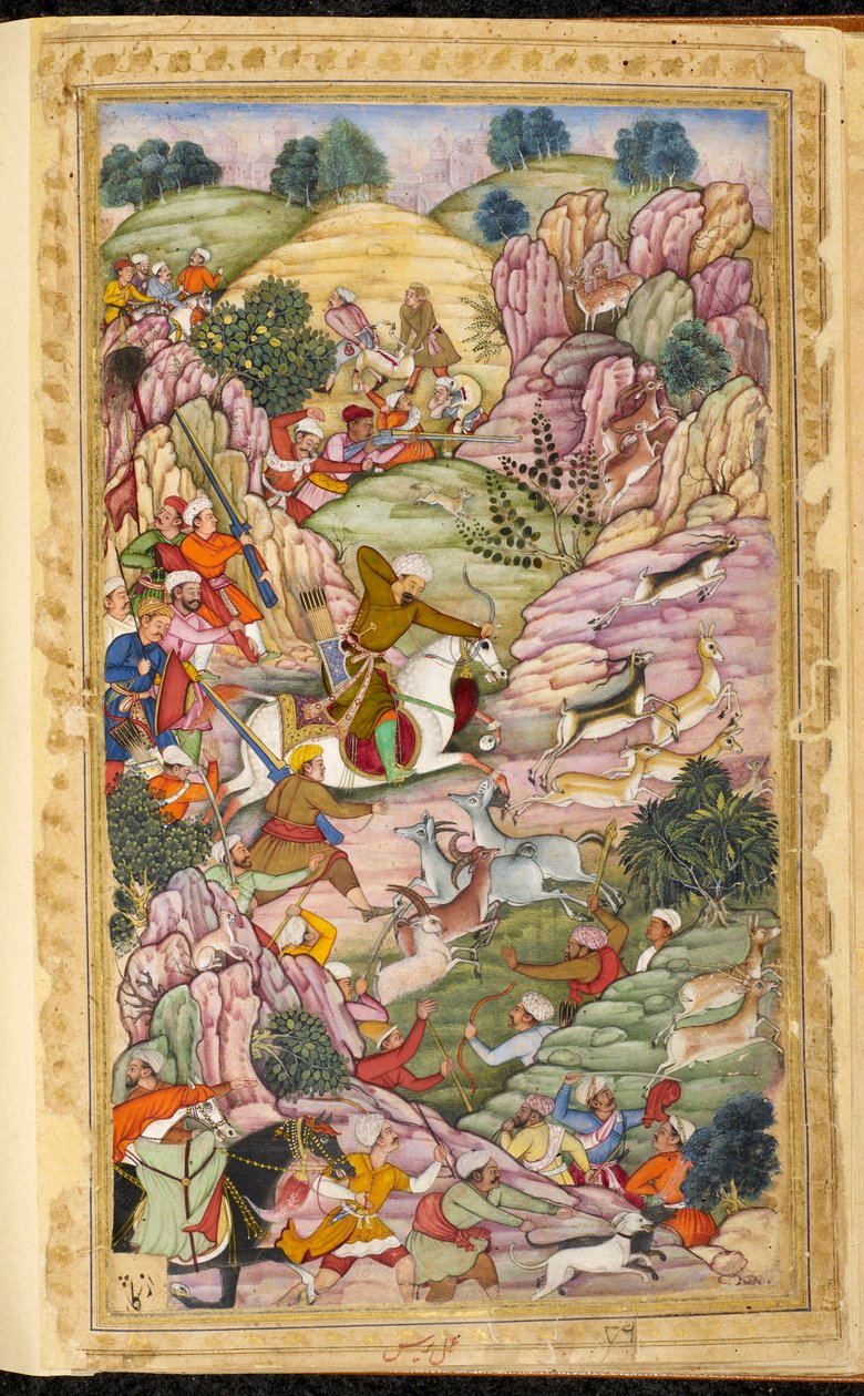 Keiser Babur jakter, mellom Ali Shang og Alangar, i regionen Kabul (Afghanistan). Miniatyr fra det persiske manuskriptet Vaqi at i Baburi, Memoirs of Mughal Emperor Babur (Zahir ud din Muhammad) (1483-1530), India, ca. 1590. Den britiske vekten av Indian School