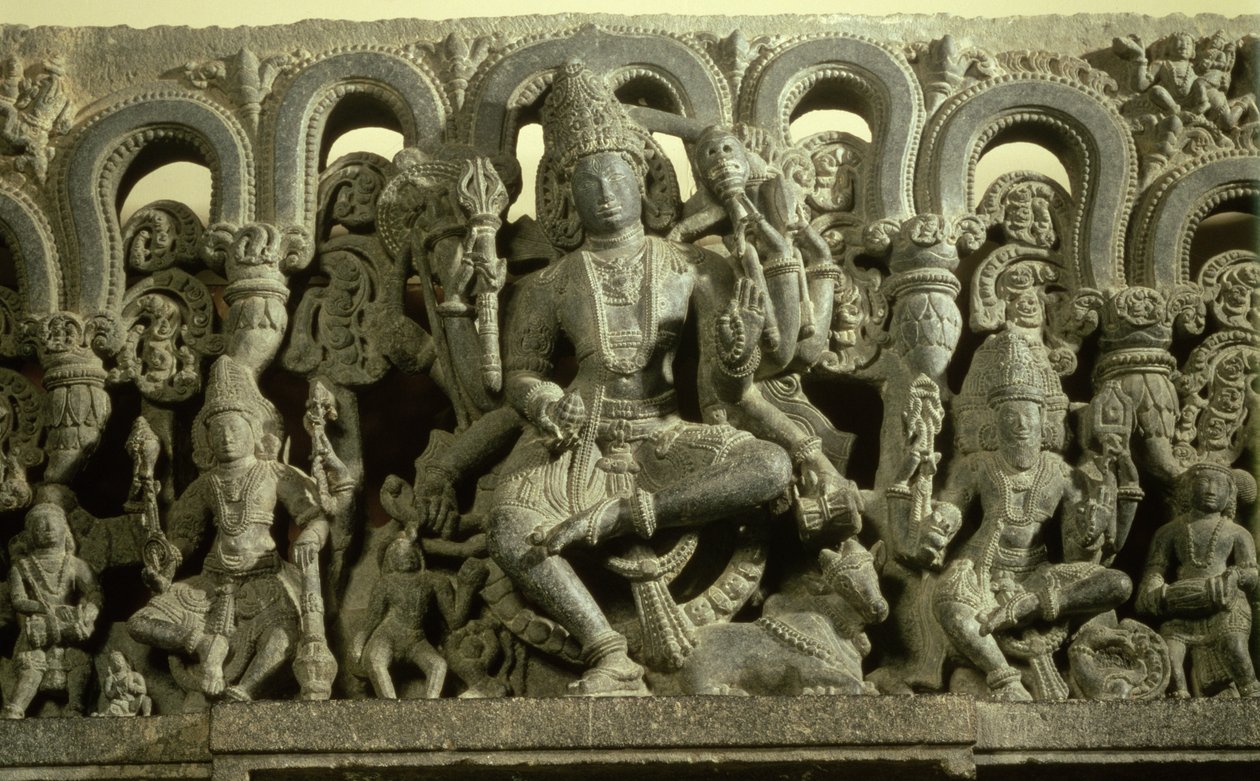 Overligger som skildrer Treenigheten: Siva, Brahma og Vishnu, Warangal, Kakatiya av Indian School