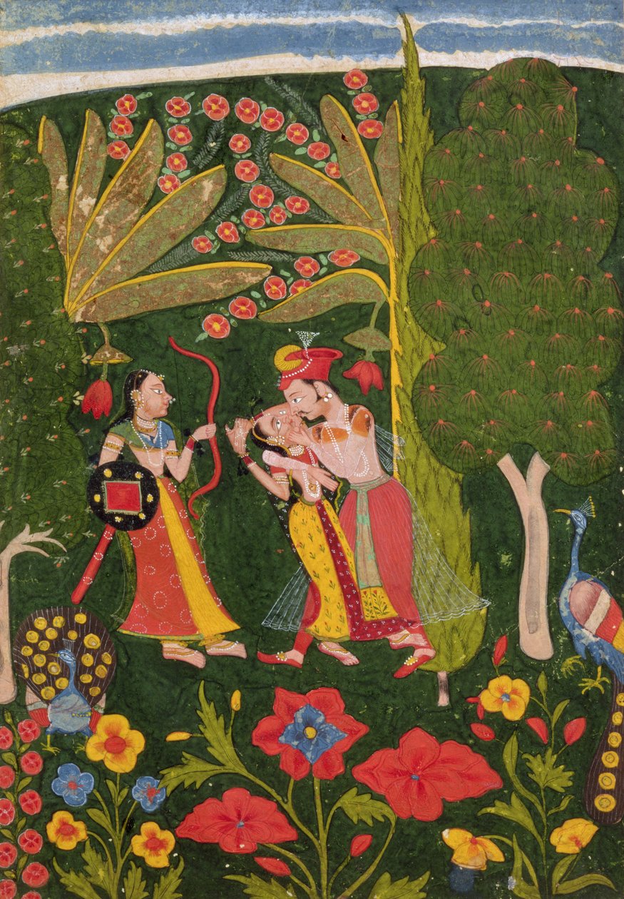 Lovers Embracing in a Forest, Bundi, ca. 1650 (gouache på vellum) av Indian School