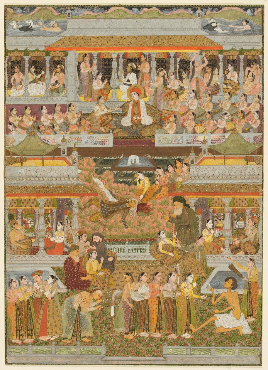 Elskere og elskede: En sammensetning av scener fra persisk, urdu og sanskritlitteratur, ca. 1735 (ugjennomsiktig akvarell med gull på papir) av Indian School