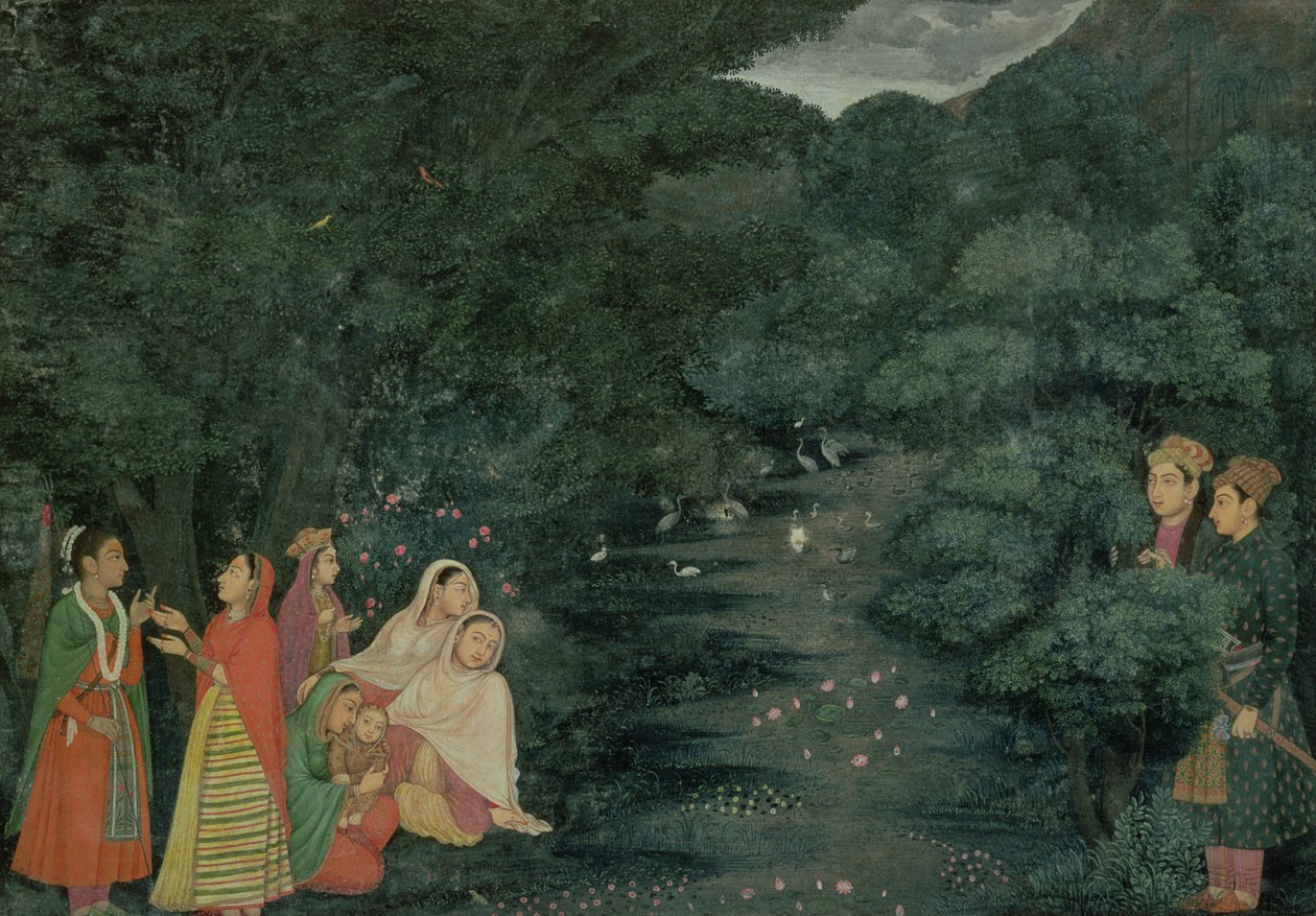 MS 34.17 Kvinner og et barn ved en bekk i en skog om natten, overvåket av to adelsmenn, Lucknow, School of Mihr Chand, ca. 1760, (gouache på papir med mønstret kant) av Indian School