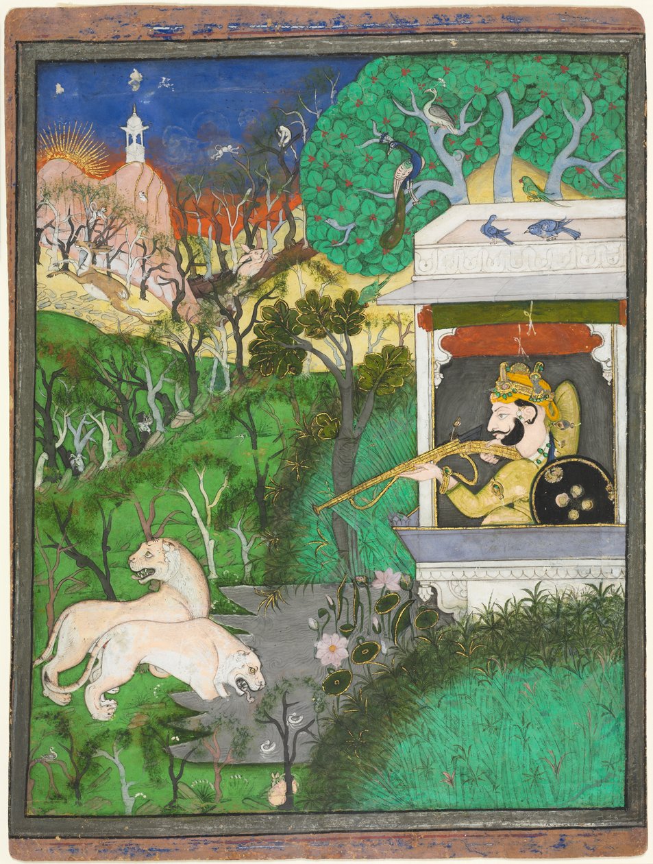 Maharaja Chattarsol fra Kotah Shooting Lions, ca. 1860 (blekk, farge og gull på papir) av Indian School