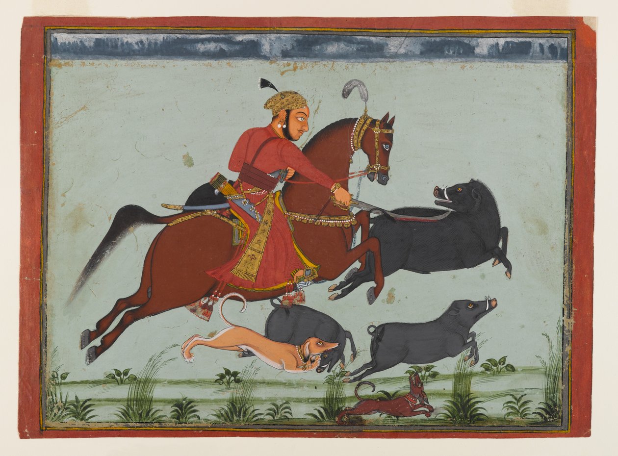 Maharaja Pratap Singh II av Mewar Hunting Boar, ca. 1750-75 (akvarell, gull og sølv på papir) av Indian School