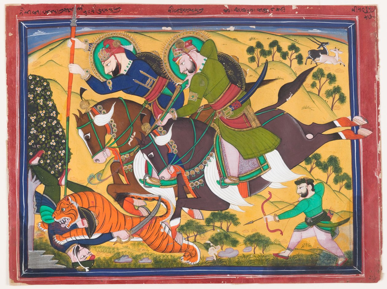Maharaja Ram Singh jakter på en tiger, andre kvartal av 1800-tallet (akvarell på papir) av Indian School