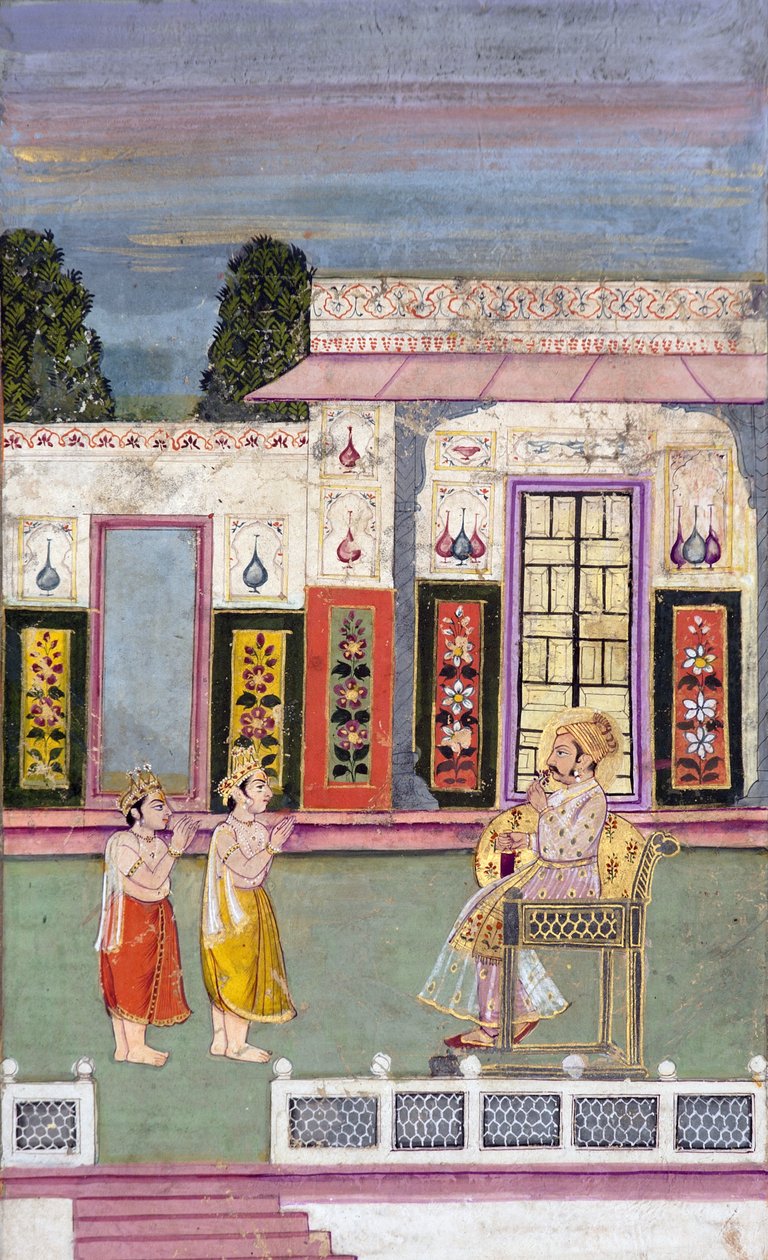 Maharaja Sawai Jai Singh møtt av to kronede menn, ca. 1735 (ugjennomsiktig wc og gull på papir) av Indian School