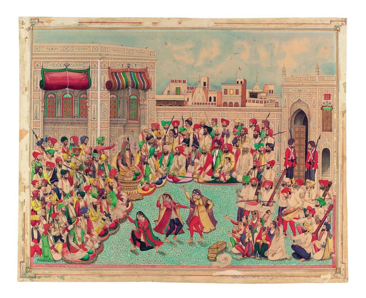 Maharaja Sher Singh og ledsagere ser på en danseforestilling, ca. 1850 (ugjennomsiktig akvarell og gull på papir) av Indian School