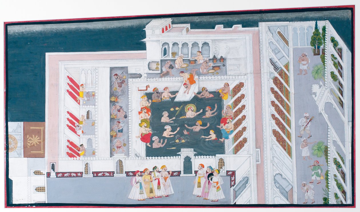 Maharana Jagat Singh II boltrer seg i et palassbasseng, ca. 1746-50 (ugjennomsiktig wc og gull på papir) av Indian School