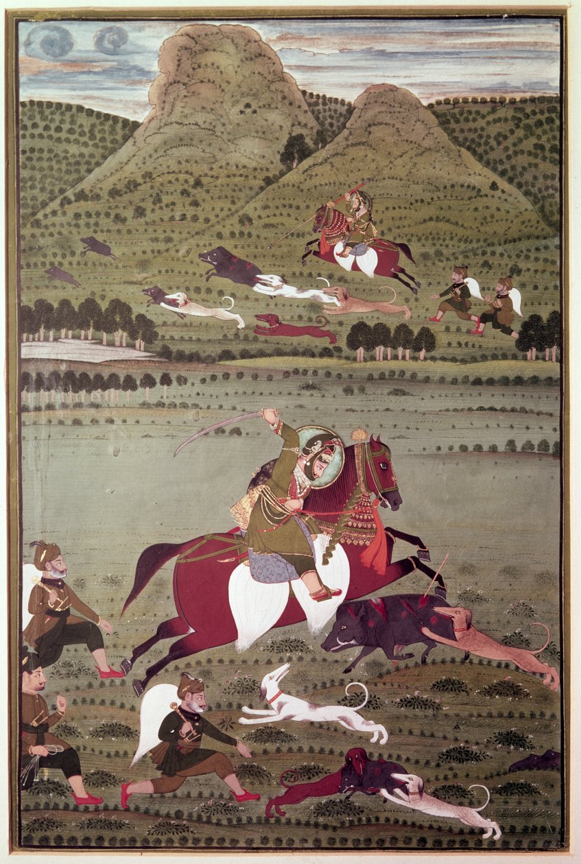 Maharana Jawan Singh (reg. 1828-38) fra Mewer Hunting Wild Bore, Udaipur av Indian School