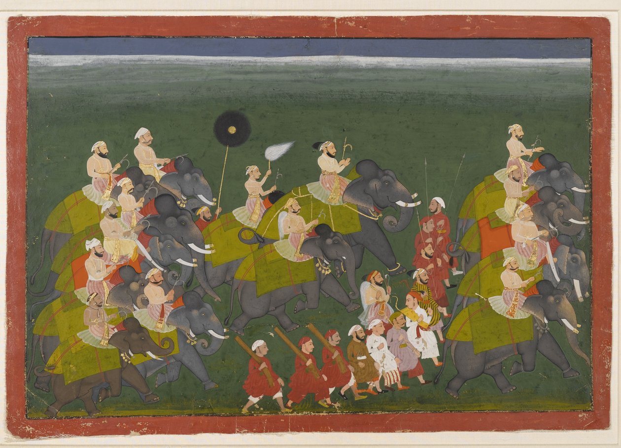 Maharana Sangram Singh fra Mewar rir i en elefantprosesjon, Udaipur, Rajasthan, ca. 1730-40 (ugjennomsiktig wc og gull på papir) av Indian School