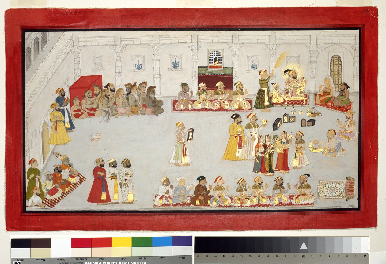 Maharana Sangram Singh with His Children and Courtiers, ca. 1715 (ugjennomsiktig wc og gull på papir, montert på en albumside) av Indian School