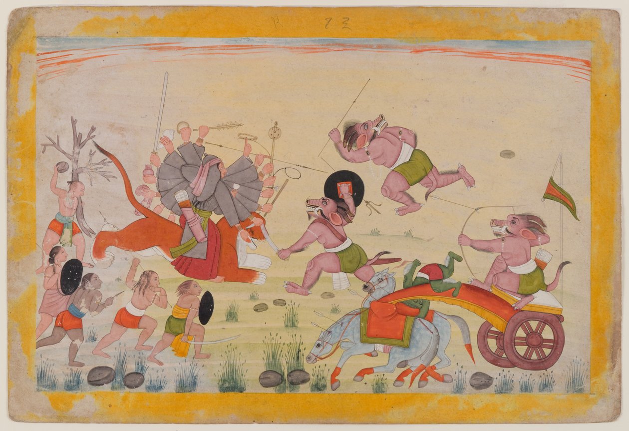 Mahasura angriper Devi, folio fra en spredt Devi Mahatmya-serie, ca. 1770-80 (wc på papir) av Indian School