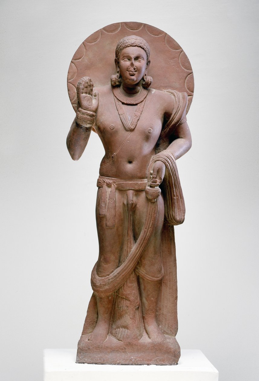 Maitreya, en fremtidig Buddha, Ramnagar-kultur, fra Ahichatra, Uttar Pradesh, 200 e.Kr. (rød sandstein) av Indian School