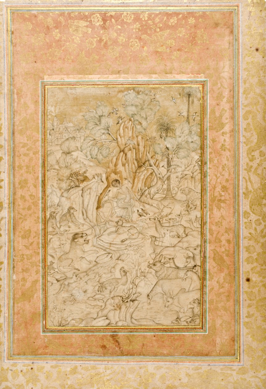 Majnun i villmarken, ca. 1595 (ugjennomsiktig wc og gull på papir) av Indian School