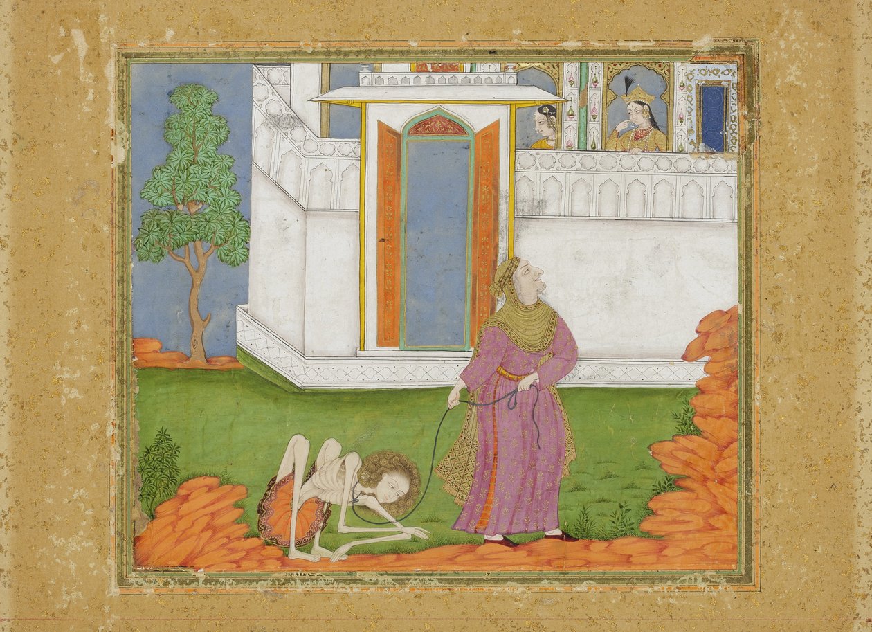 Majnun er redusert til en abjekt tilstand, ca. 1700 (ugjennomsiktig wc og gull på papir) av Indian School