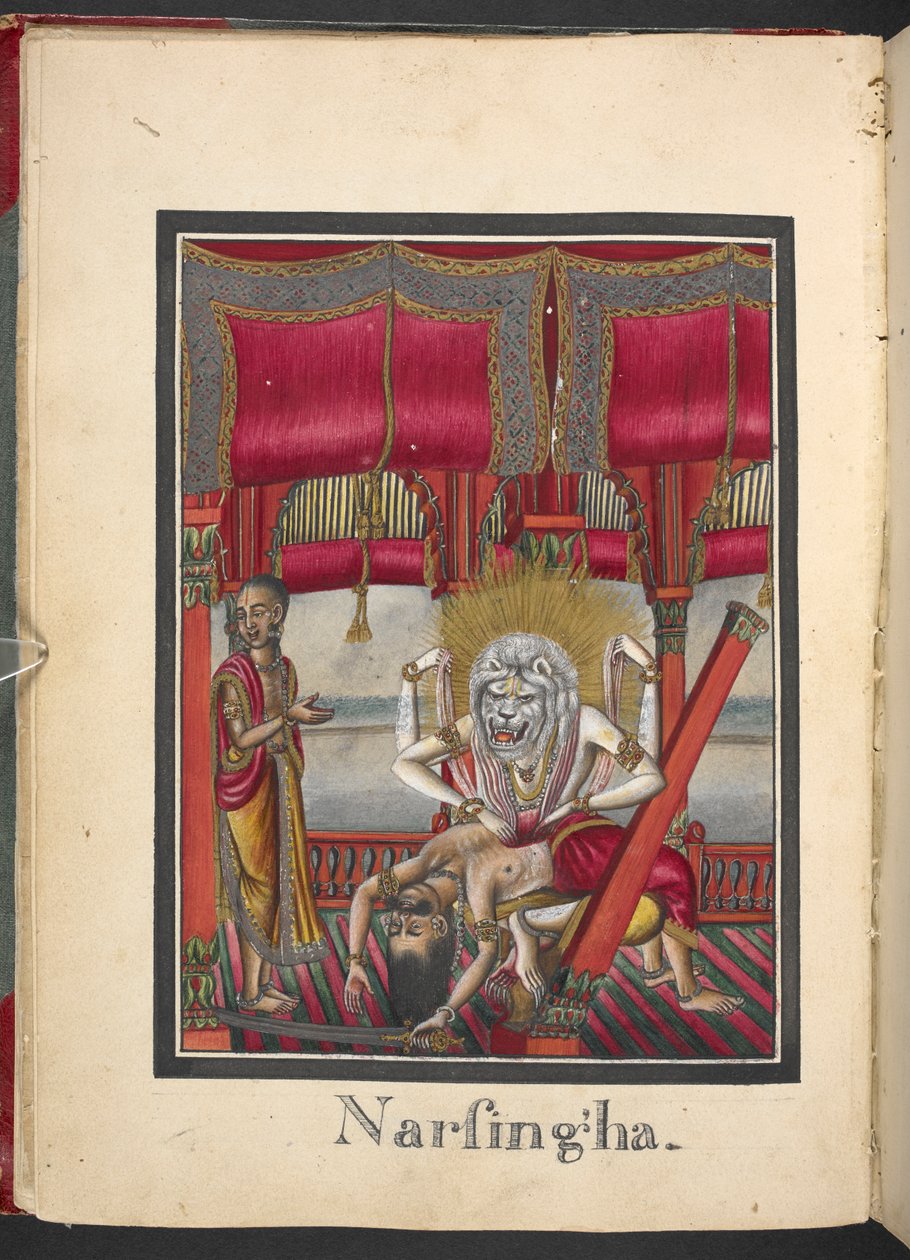 Mann-løve inkarnasjon av Vishnu, Narasimha avatara, fjerde inkarnasjon av Vishnu av Indian School