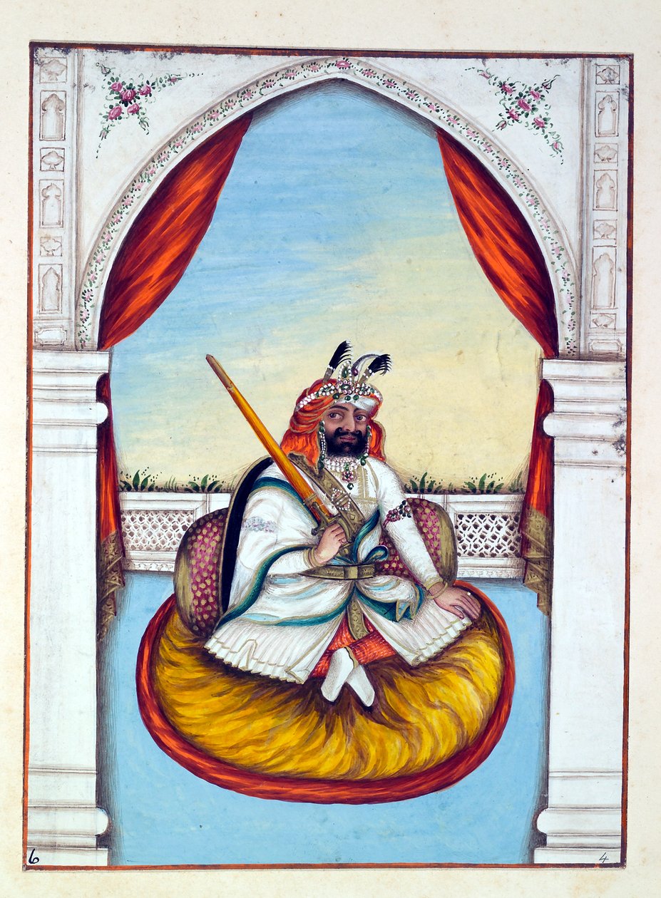 Marharajah Sher Singh, fra The Kingdom of the Punjab, its Rulers and Chiefs, bind I, et bind med 27 akvarellstudier av en uidentifisert indisk kunstner, ca. 1840 (wc på papir) av Indian School