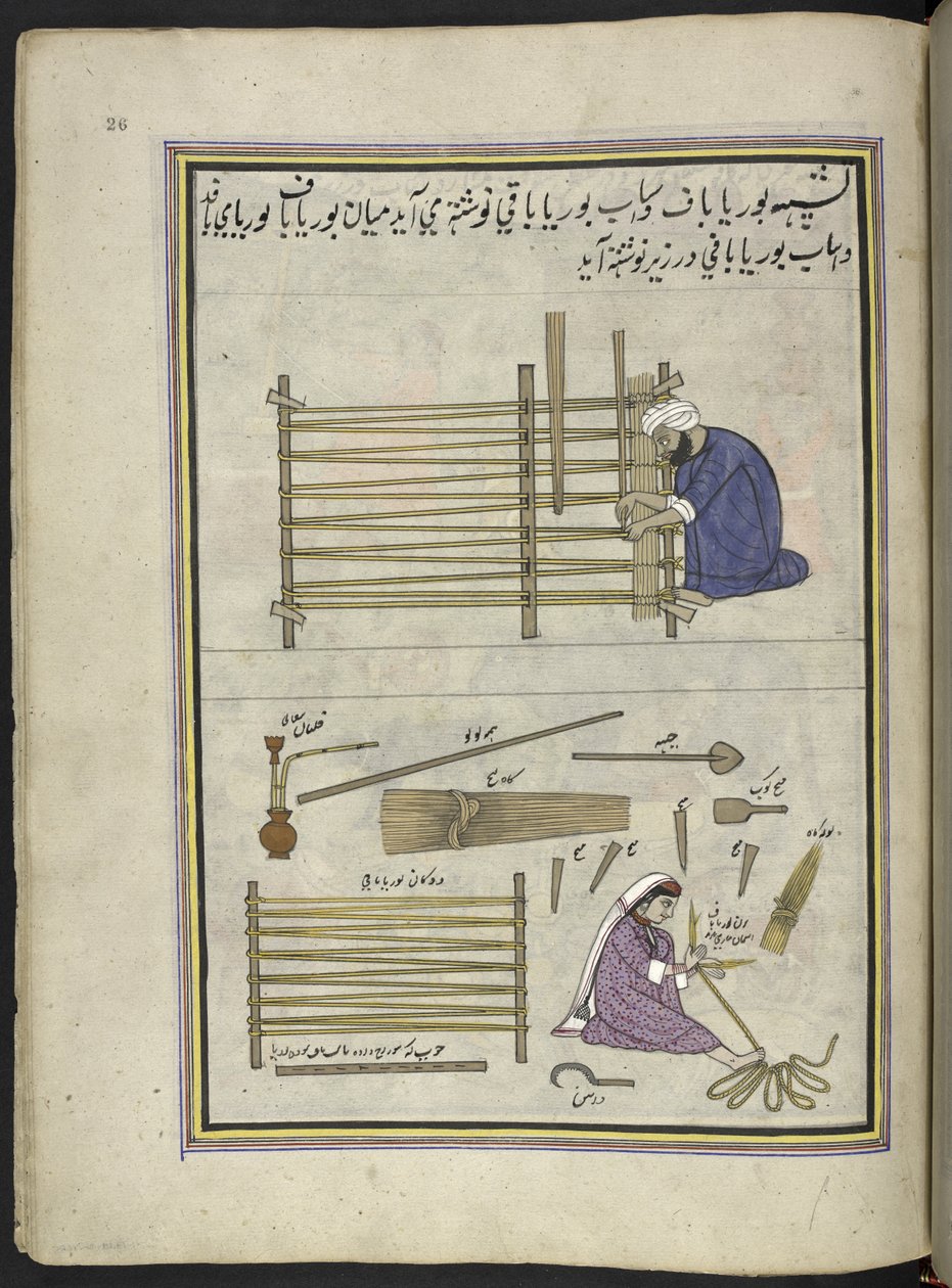 Mattemaker og kona hans lager matter av delt siv,  86 tegninger bundet inn i et bind som viser handel og yrker i Kashmir, håndverkere vises i arbeid med redskaper og utstyr,  Av en Kashmir-kunstner, sannsynligvis i Srinagar, ca. 1850-60 (gouac av Indian School