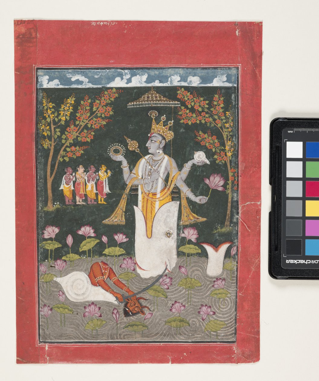 Matsya Avatar Of Vishnu: The Slaying Of Sankh Asura (gouache og bladgull på papir) av Indian School