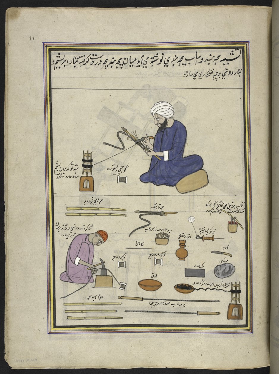 Menn som dekker vannpipe-slanger med tråd og tråd,  86 tegninger bundet inn i et bind som viser håndverk og yrker i Kashmir, håndverkere vises i arbeid med redskaper og utstyr,  Av en Kashmir-kunstner, sannsynligvis i Srinagar, ca. 1850-60 (gouache av Indian School