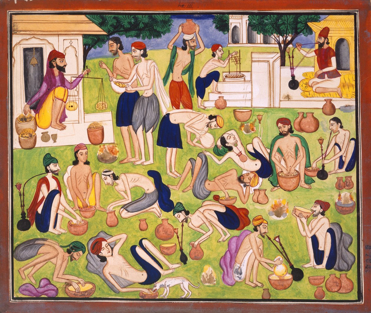 Menn som røyker opium, sitter eller ligger på bakken, ca. 1870 (akvarell på papir) av Indian School