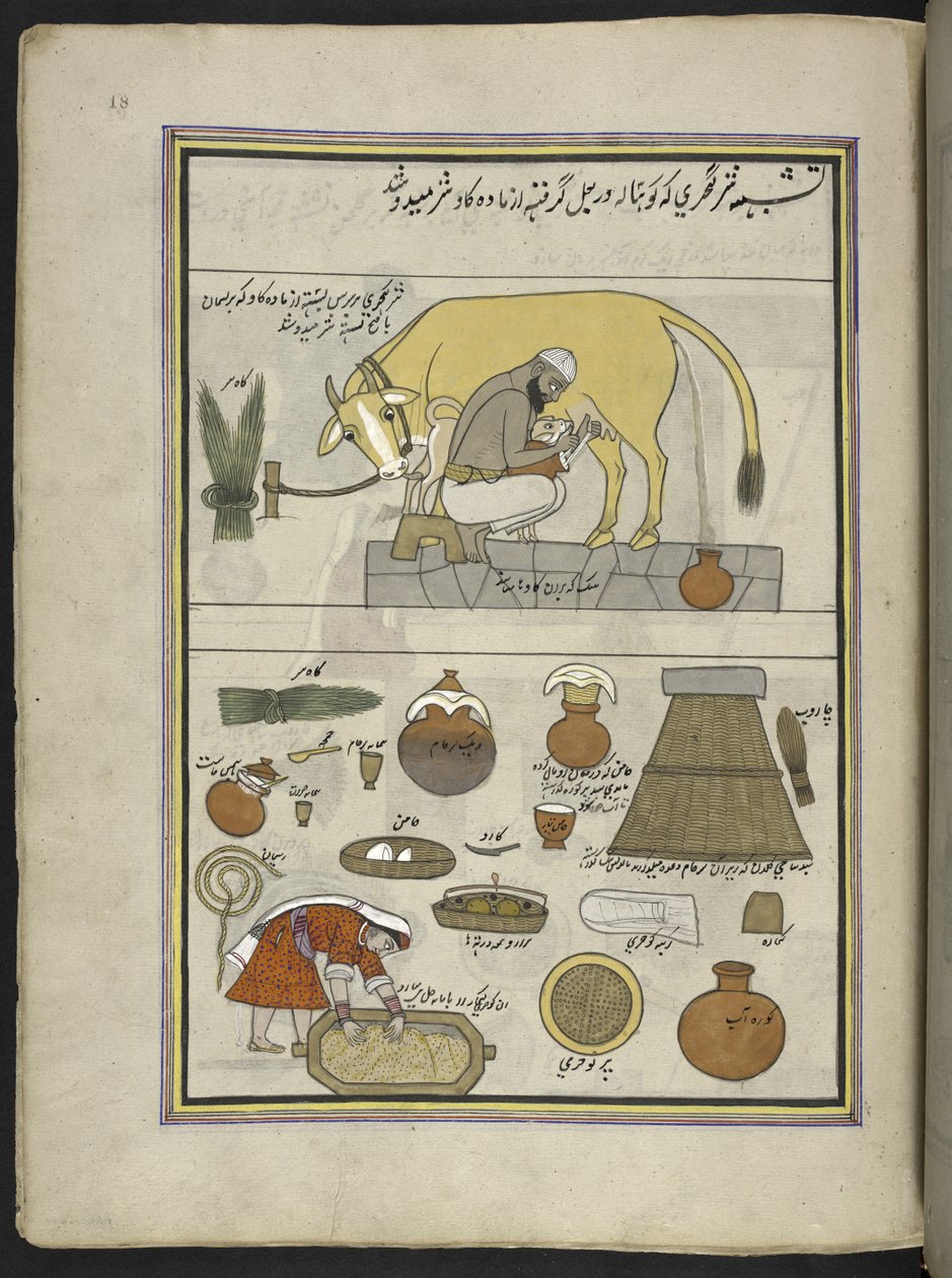 Milkman of the Gujar-kaste og hustru, 86 tegninger bundet inn i et bind som skildrer handel og yrker i Kashmir, håndverkere vises i arbeid med redskaper og utstyr, Av en Kashmir-kunstner, sannsynligvis i Srinagar, ca. 1850-60 (gouache på papir) ) av Indian School