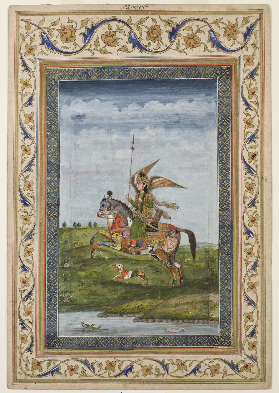 Miniatyr som viser en scene av en bevinget skikkelse på en hest, sannsynligvis Delhi-skole, Mughal, indisk, tidlig på 1800-tallet (akvarell og forgylling på papir) av Indian School