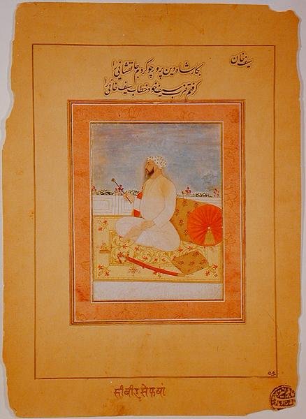 Miniatyr av Saif Khan, guvernør i Agra, indisk, ca. 1670-80 (ugjennomsiktige mineralpigmenter på brunpapir) av Indian School