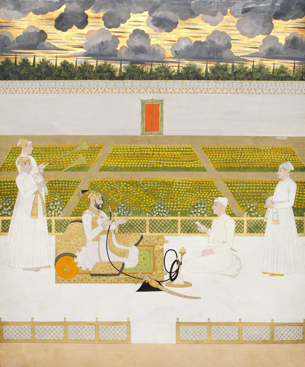 Mir Jaffar, Nawab fra Murshidabad, med en hoffmann og ledsagere, ca. 1760 (ugjennomsiktig wc og gull på papir) av Indian School