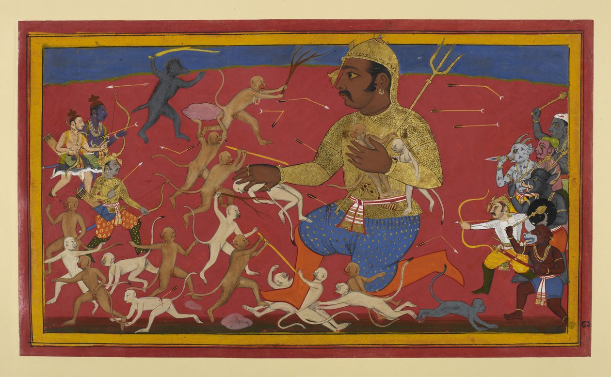 Aper og guder presser sitt angrep på Kumbhakarṇa av Indian School