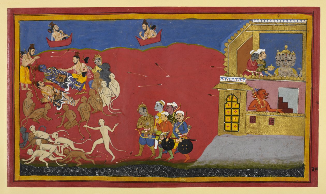 Aper feiler Vibhīṣaṇa for Indrajit; Nārada berømmer Nārāyaṇa mens Rāvaṇa spiser av Indian School
