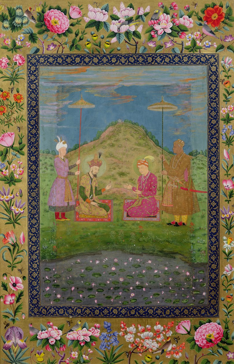 E-14 Humayun (1508-56) og Akbar (1542-1605) med en vesir, fra en Moraqqa av Indian School