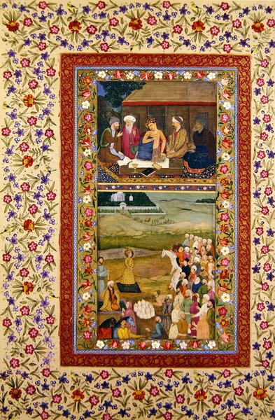 Fru E-14 Ung mann med lærerne sine og hyllest til en linjal, miniatyrer fra et Muraqqa-album (gouache og bladgull på papir) av Indian School