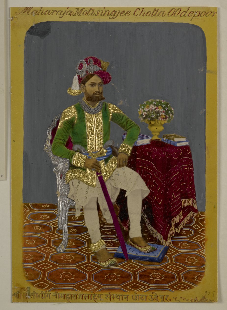 Mss Eur G.38/2 f.90 Moti Singh fra Udaipur, ca. 1870 (akvarell og gull på papir) av Indian School