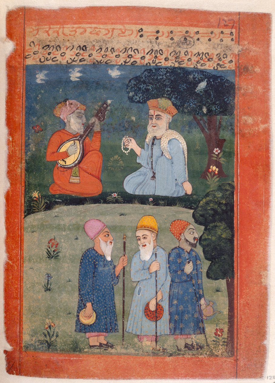 Fru Panj. B.40, f.128 Baba Nanak, Mardana og Fakirs, illustrasjon fra 
