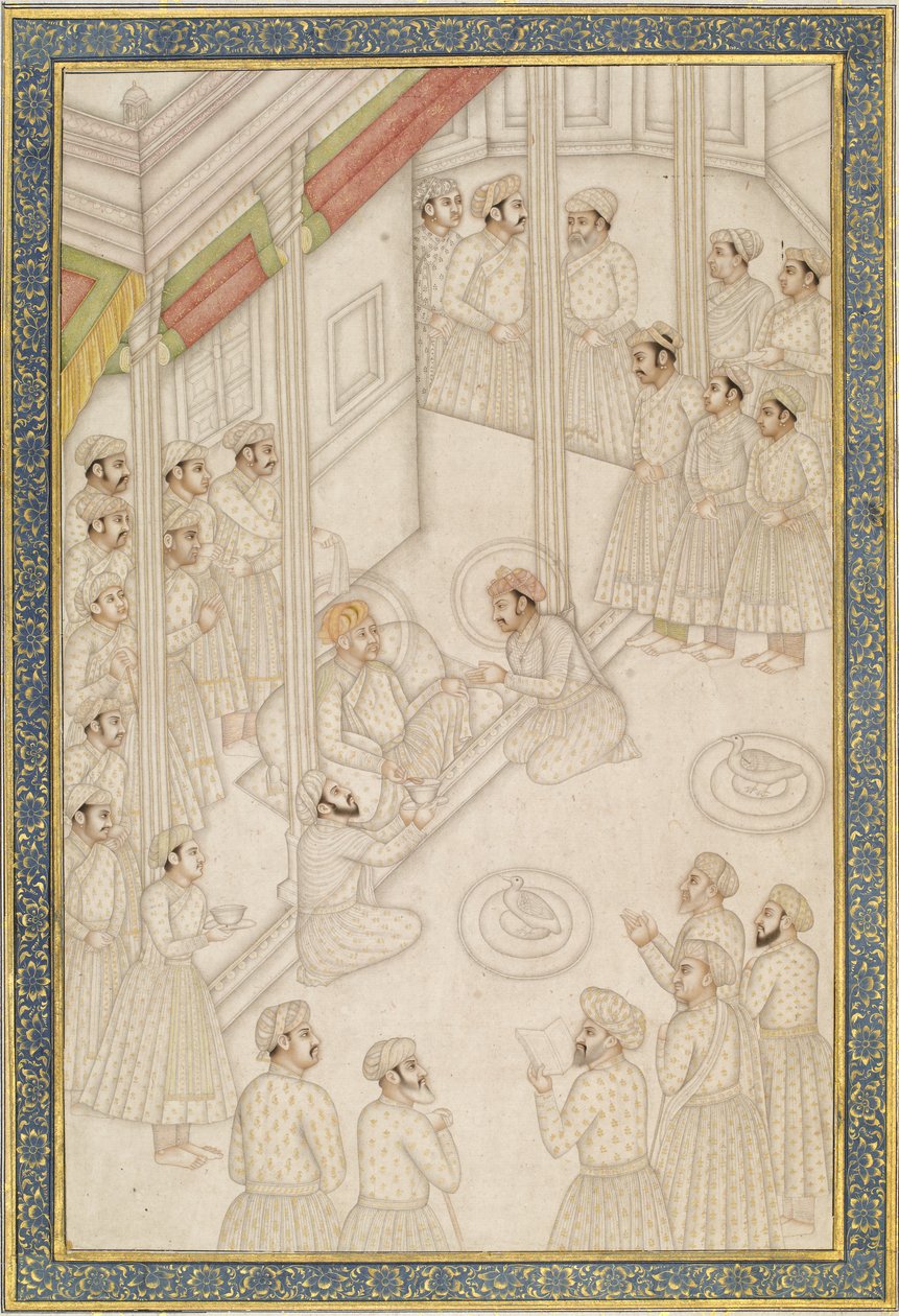 Mughal Emperor Akbar Holding Court under hans endelige sykdom, midten av 1700-tallet (albumblad; pigment med gull på polert papir) av Indian School