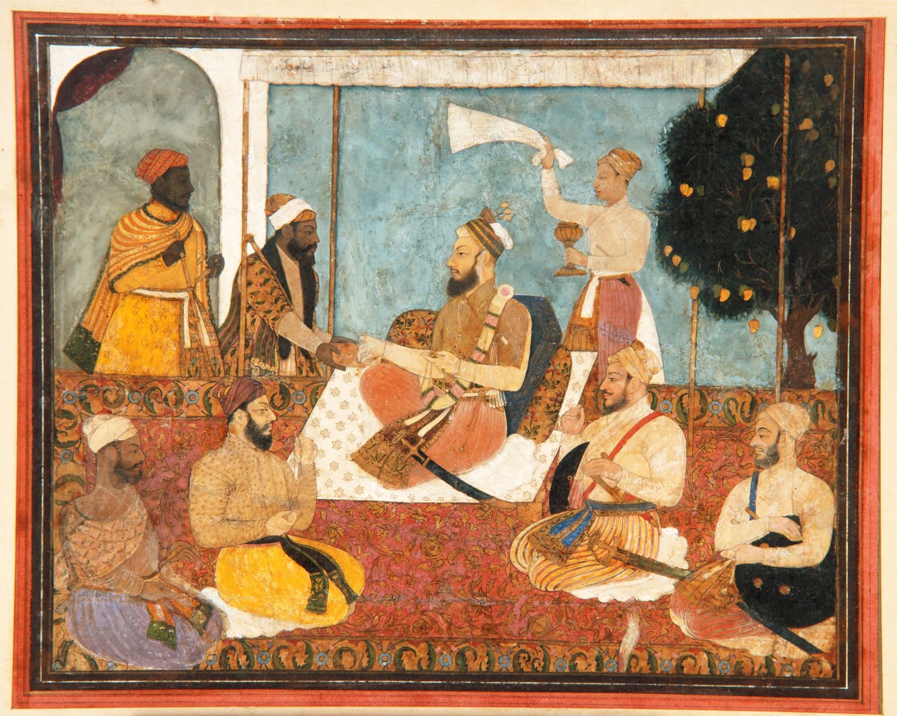 Muhammad Adil Shah velger en juvel, ca. 1650 (ugjennomsiktig akvarell og gull på papir) av Indian School