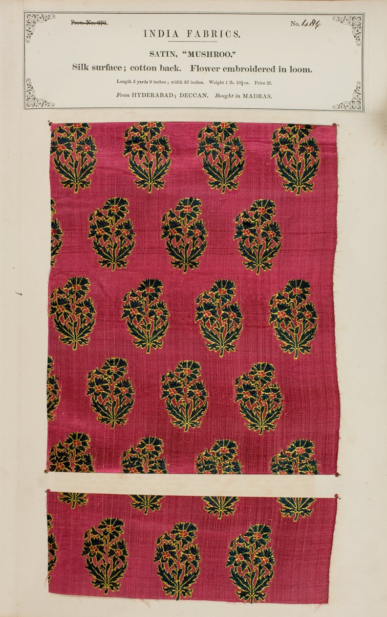 Mushroom sateng prøve fra Hyderabad i Deccan, fra The Collection of the Textile Manufacturers of India, av John Forbes Watson, utgitt i 1866 av Indian School