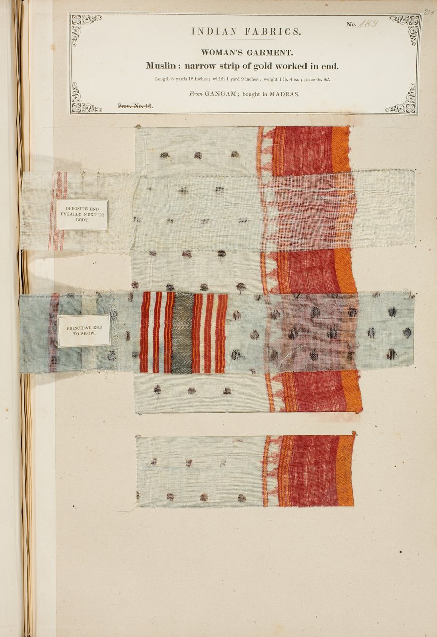 Muslinprøve fra Ganham, kjøpt i Madras, fra The Collection of the Textile Manufacturers of India, av John Forbes Watson, utgitt i 1866 av Indian School
