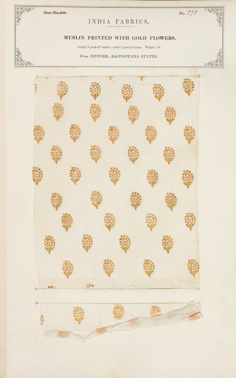 Muslinprøve trykt med gullblomster fra Jeypore i Rajpootana-statene, fra The Collection of the Textile Manufacturers of India, av John Forbes Watson, utgitt i 1866 av Indian School