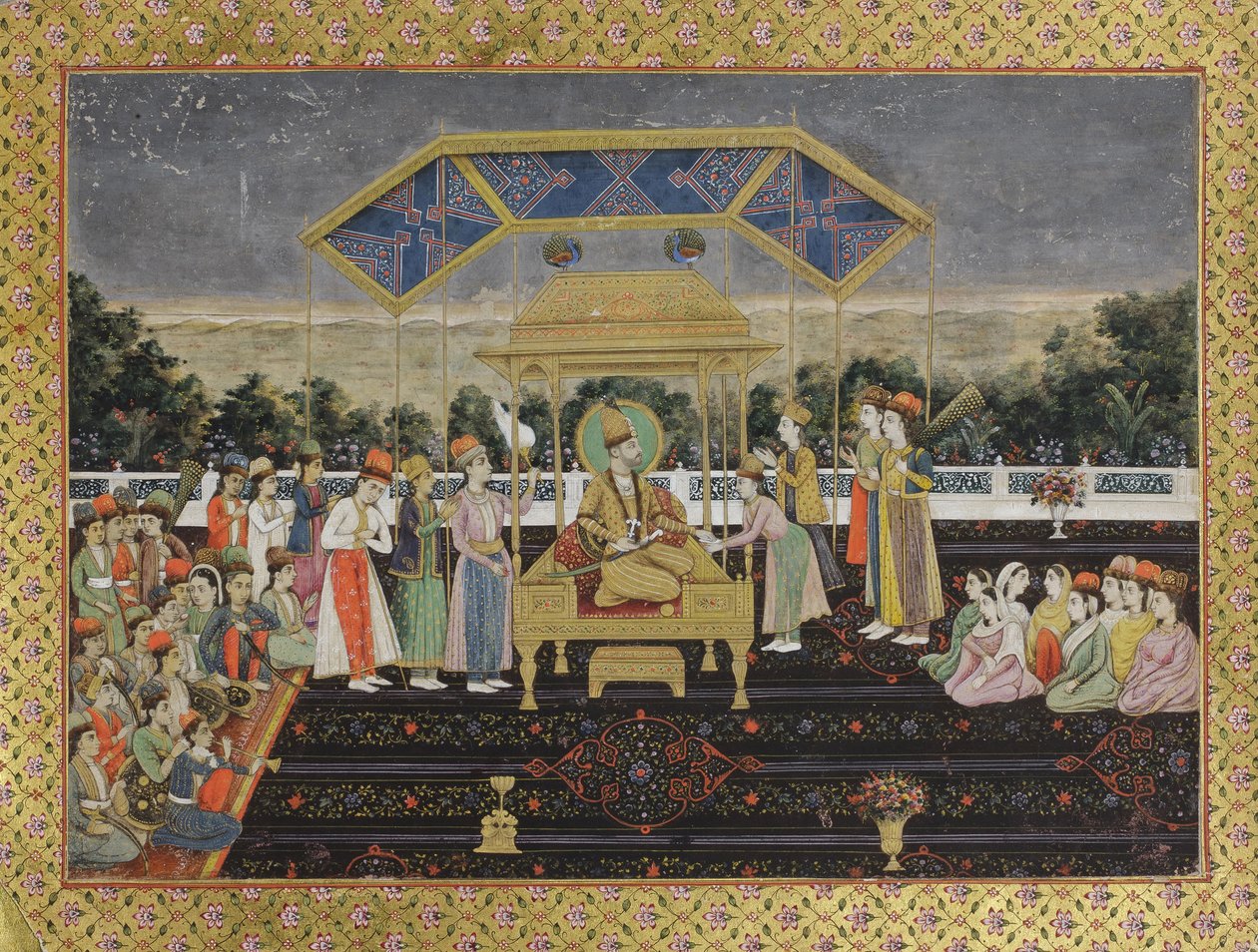 Nadir Shah på påfugltronen etter hans nederlag av Muhammad Shah, ca. 1850 (ugjennomsiktig wc på papir) av Indian School