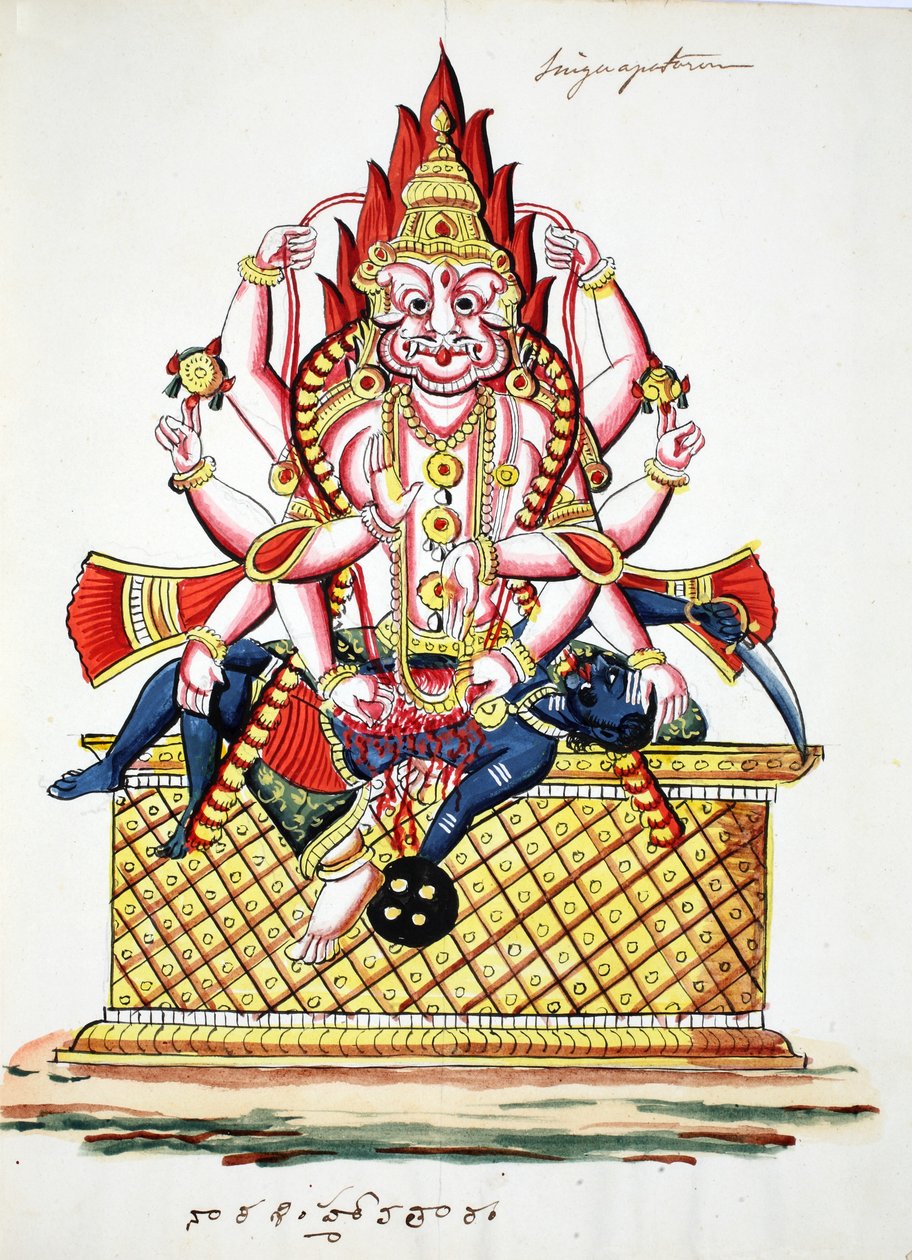 Narasimha, fjerde avatar av Vishnu (akvarell på papir) av Indian School