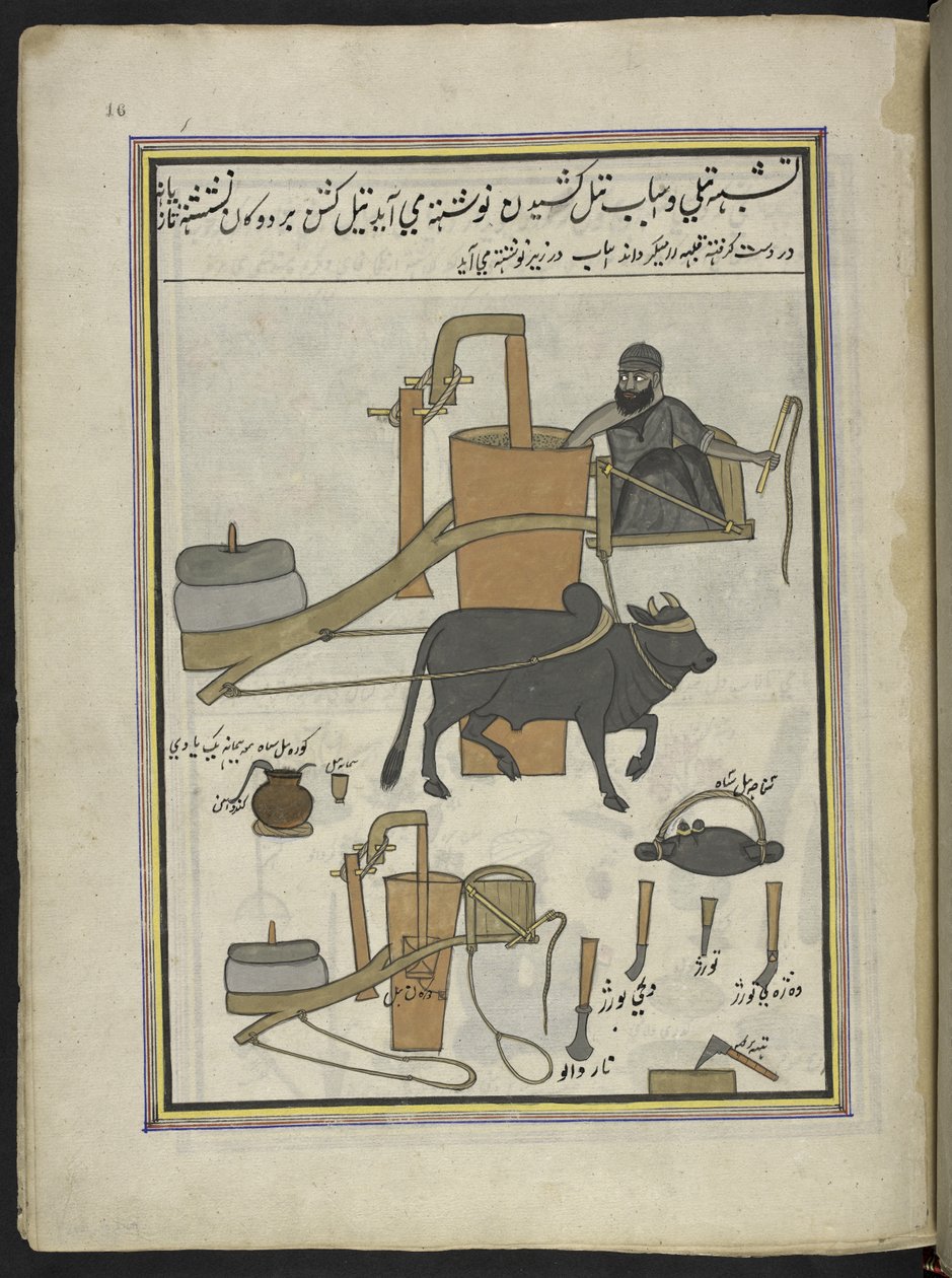 Oljepresser,  86 tegninger bundet inn i et bind som viser håndverk og yrker i Kashmir, håndverkere vises i arbeid med redskaper og utstyr,  Av en Kashmir-kunstner, sannsynligvis i Srinagar, ca. 1850-60 (gouache på papir) av Indian School